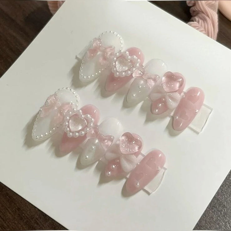 10PCS Handmade Manicure Armor Press On Nails French Fake Nails Short Medium False Nail 3D Pink Art with Adhesive Nail File Set