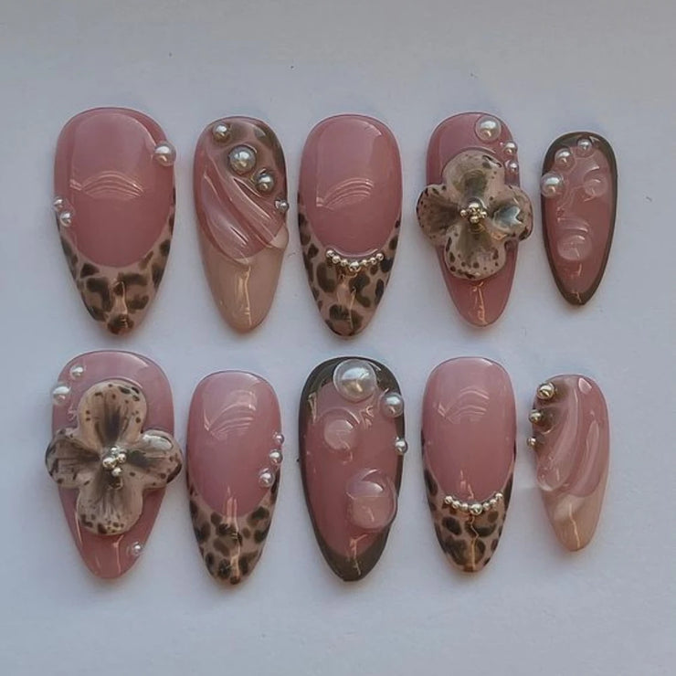 10PCS Handmade Manicure Armor Press On Nails French Fake Nails Short Medium False Nail 3D Pink Art with Adhesive Nail File Set