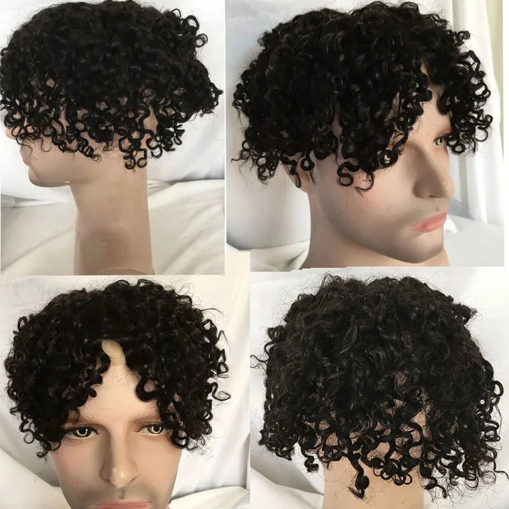 Men's Curly Toupee: 100% Human Hair, Swiss Lace, Brown (#4).