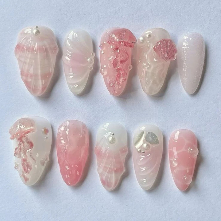 10PCS Handmade Manicure Armor Press On Nails French Fake Nails Short Medium False Nail 3D Pink Art with Adhesive Nail File Set