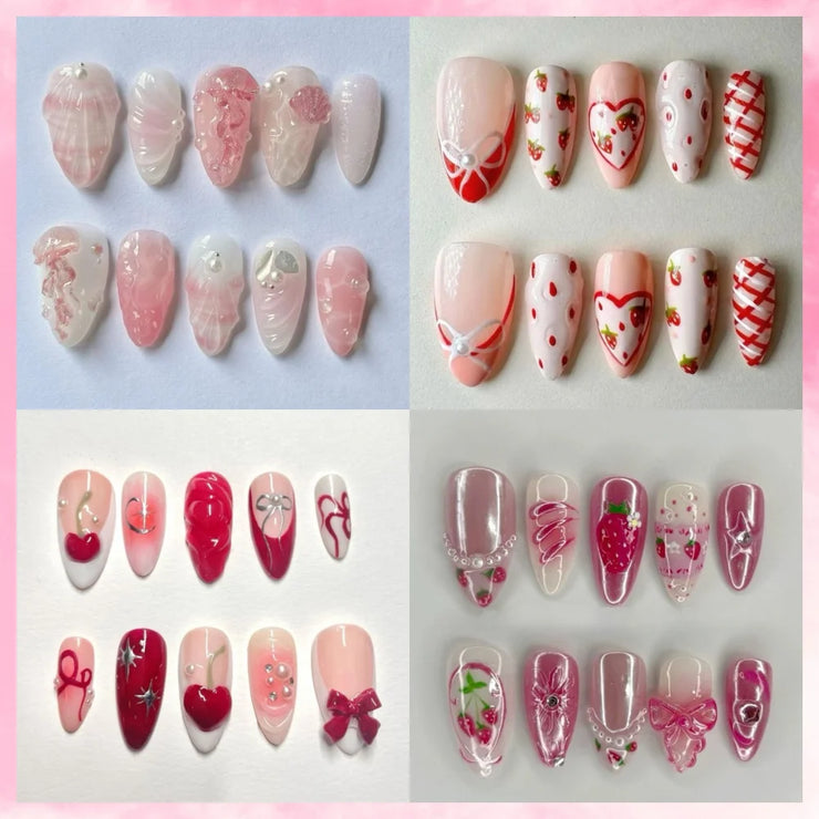 10PCS Handmade Manicure Armor Press On Nails French Fake Nails Short Medium False Nail 3D Pink Art with Adhesive Nail File Set