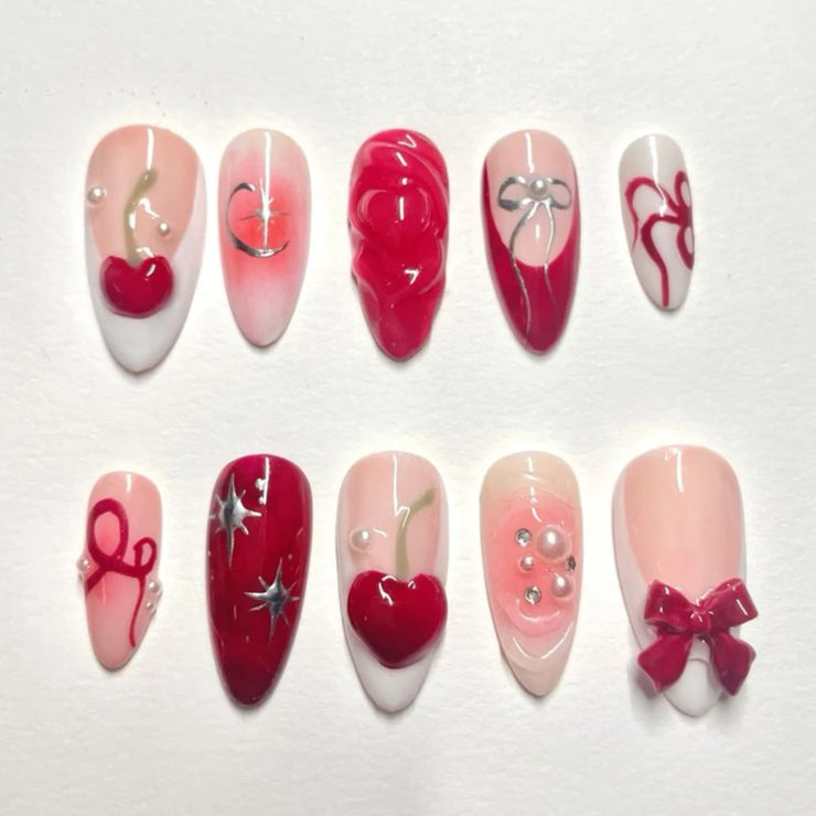 10PCS Handmade Manicure Armor Press On Nails French Fake Nails Short Medium False Nail 3D Pink Art with Adhesive Nail File Set