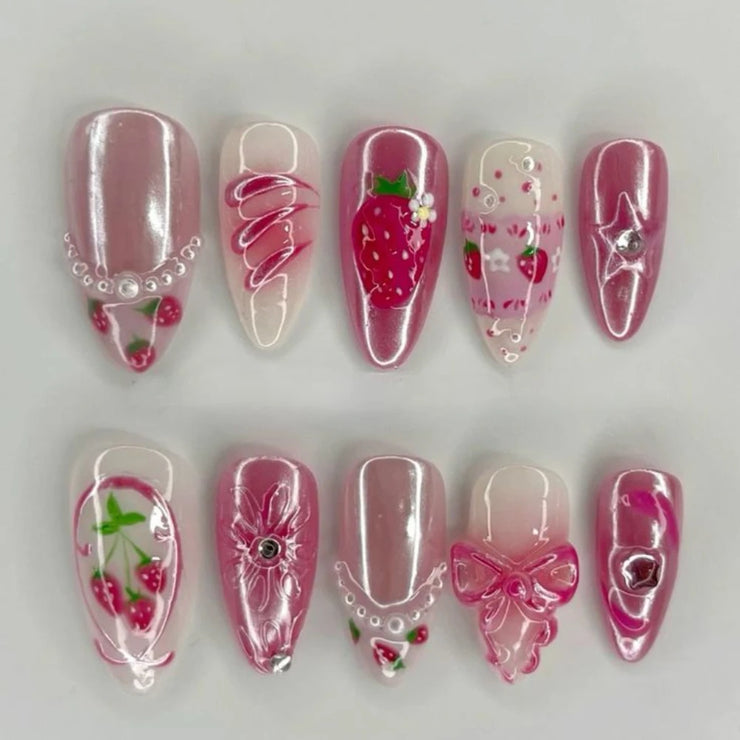 10PCS Handmade Manicure Armor Press On Nails French Fake Nails Short Medium False Nail 3D Pink Art with Adhesive Nail File Set