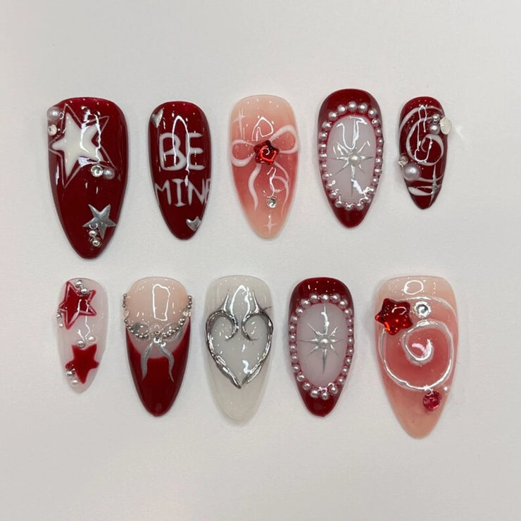 10PCS Handmade Manicure Armor Press On Nails French Fake Nails Short Medium False Nail 3D Pink Art with Adhesive Nail File Set